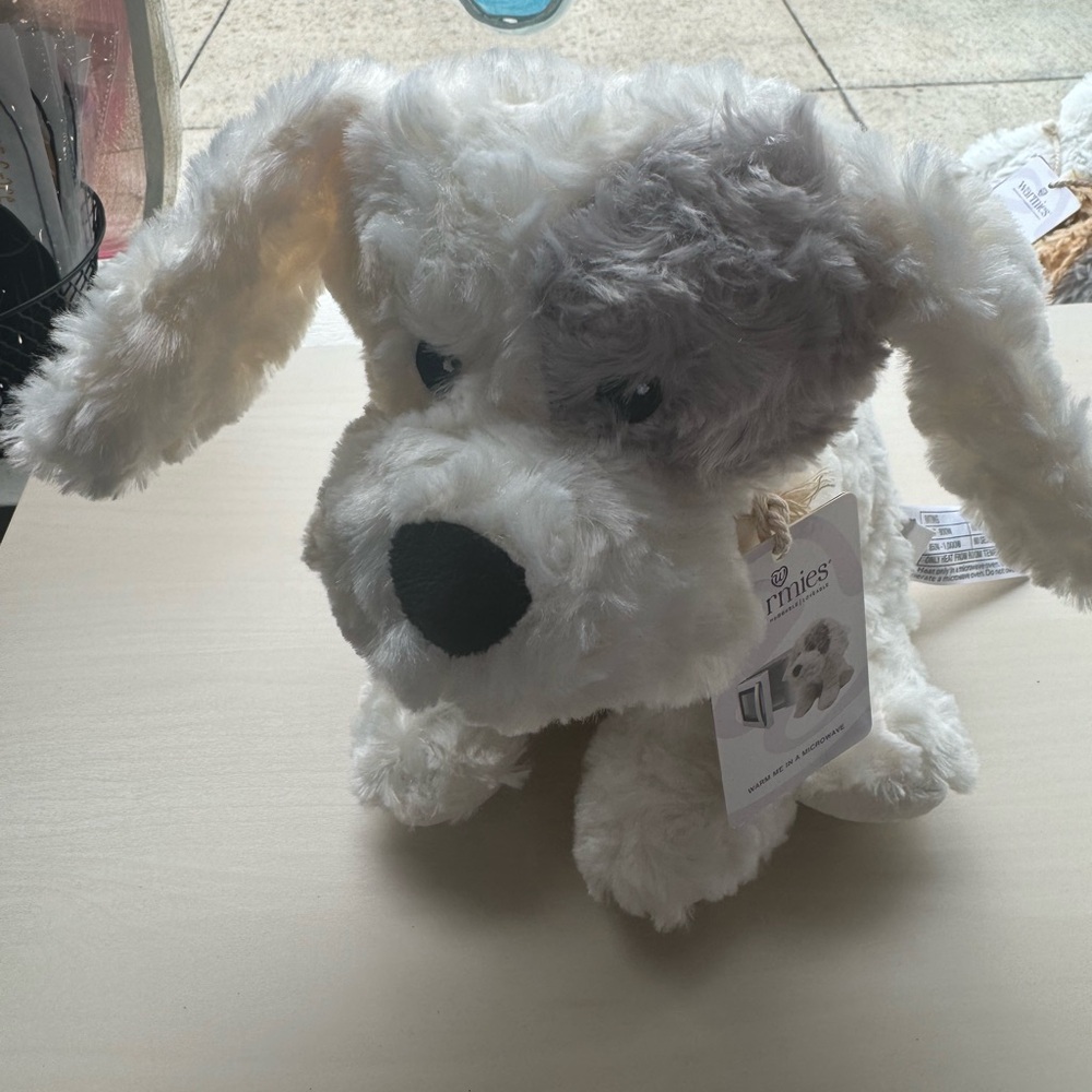 Warmies Fluffy White and Gray Plush Dog Toy with Floppy Ears